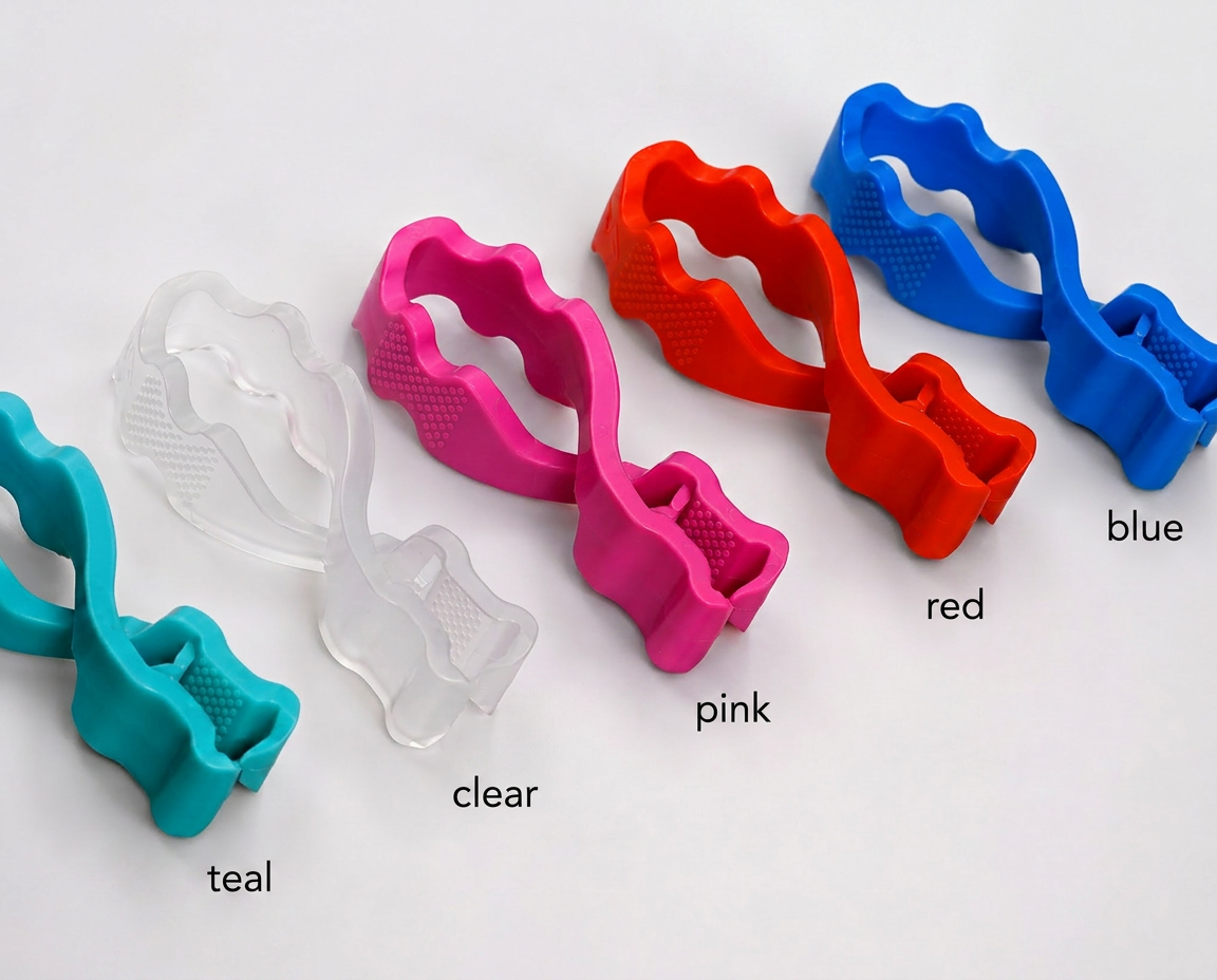 Snappy shown in five finishes: teal, clear, pink, red, and blue