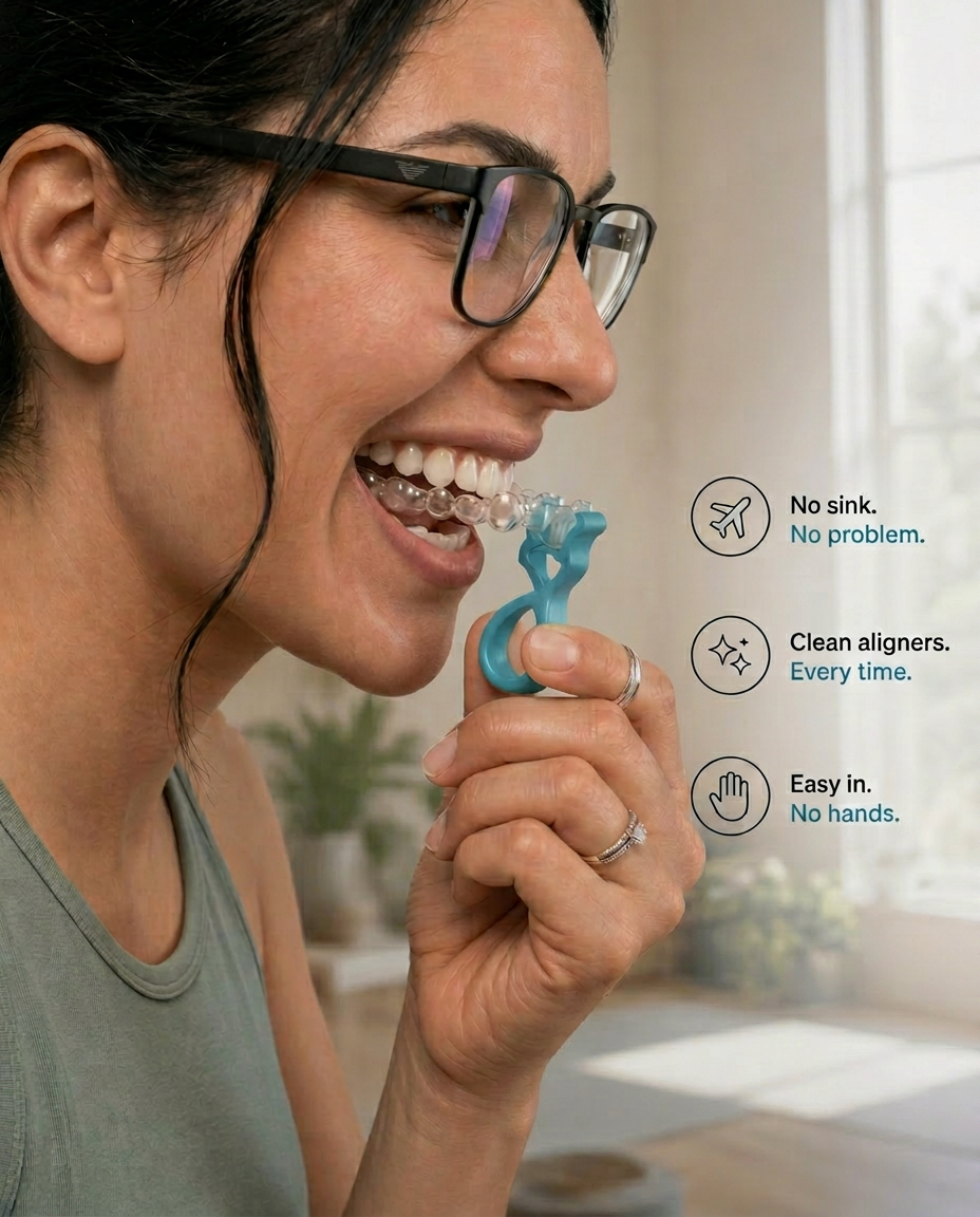 Woman effortlessly inserting her clear aligner with Snappy