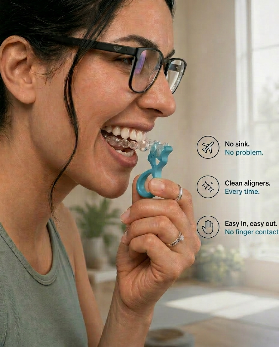 Woman effortlessly inserting her clear aligner with Snappy